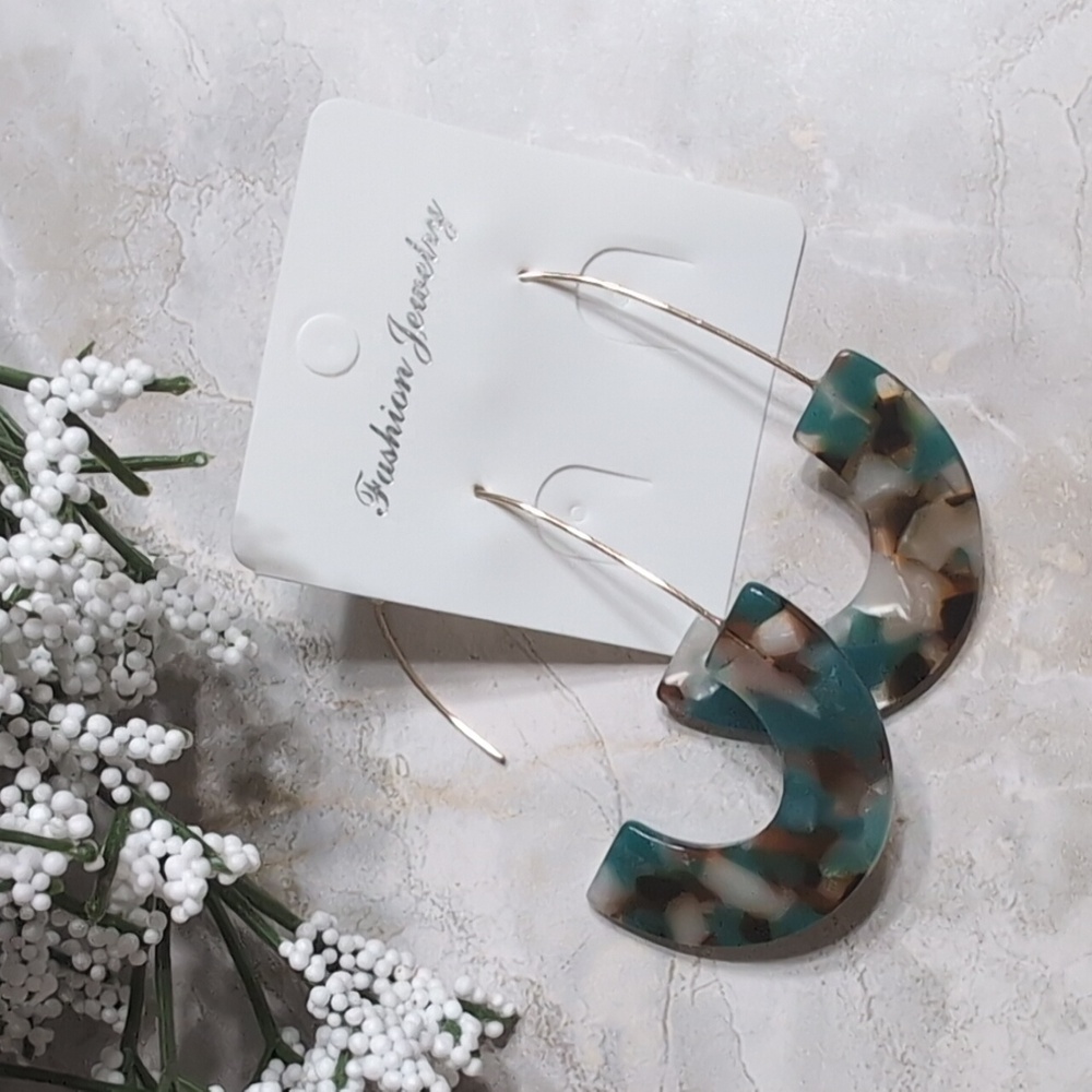 Acrylic Teal, Brown & White Half Hoop Earrings